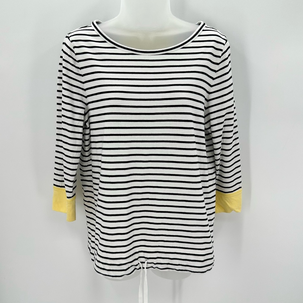 Talbots Tee Womens S Nautical Stripe Drawstring Hem 3/4 Slv Black White Top